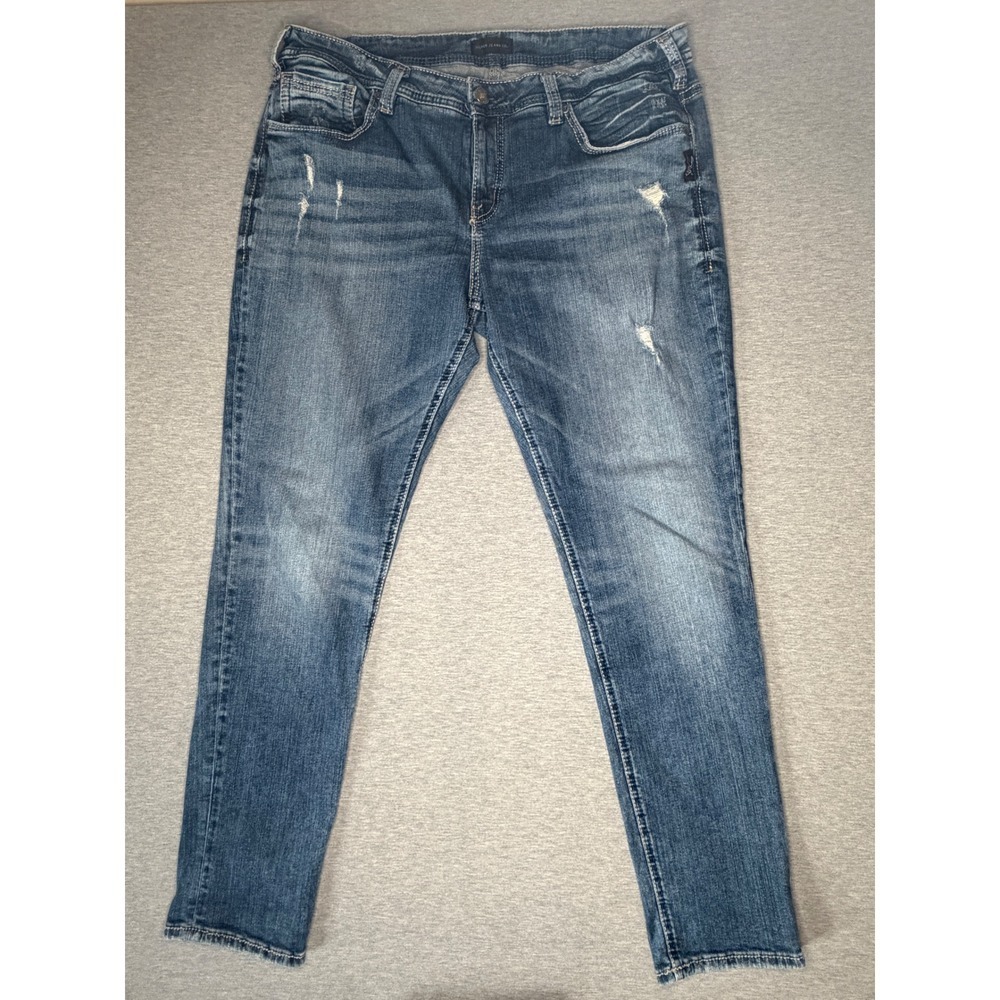 Silver Jeans Co Girlfriend Mid Rise Distressed Slim Jeans Blue SZ 18 L29 W27137 - Picture 3 of 8